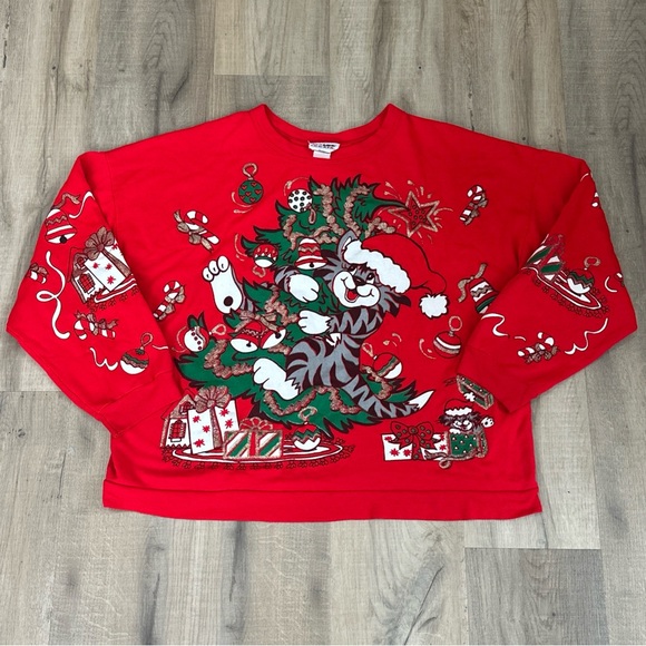 VTG Nutcracker Christmas Red Sweatshirt Grey Cat Puffy Graphics 90s, XL - Picture 1 of 8